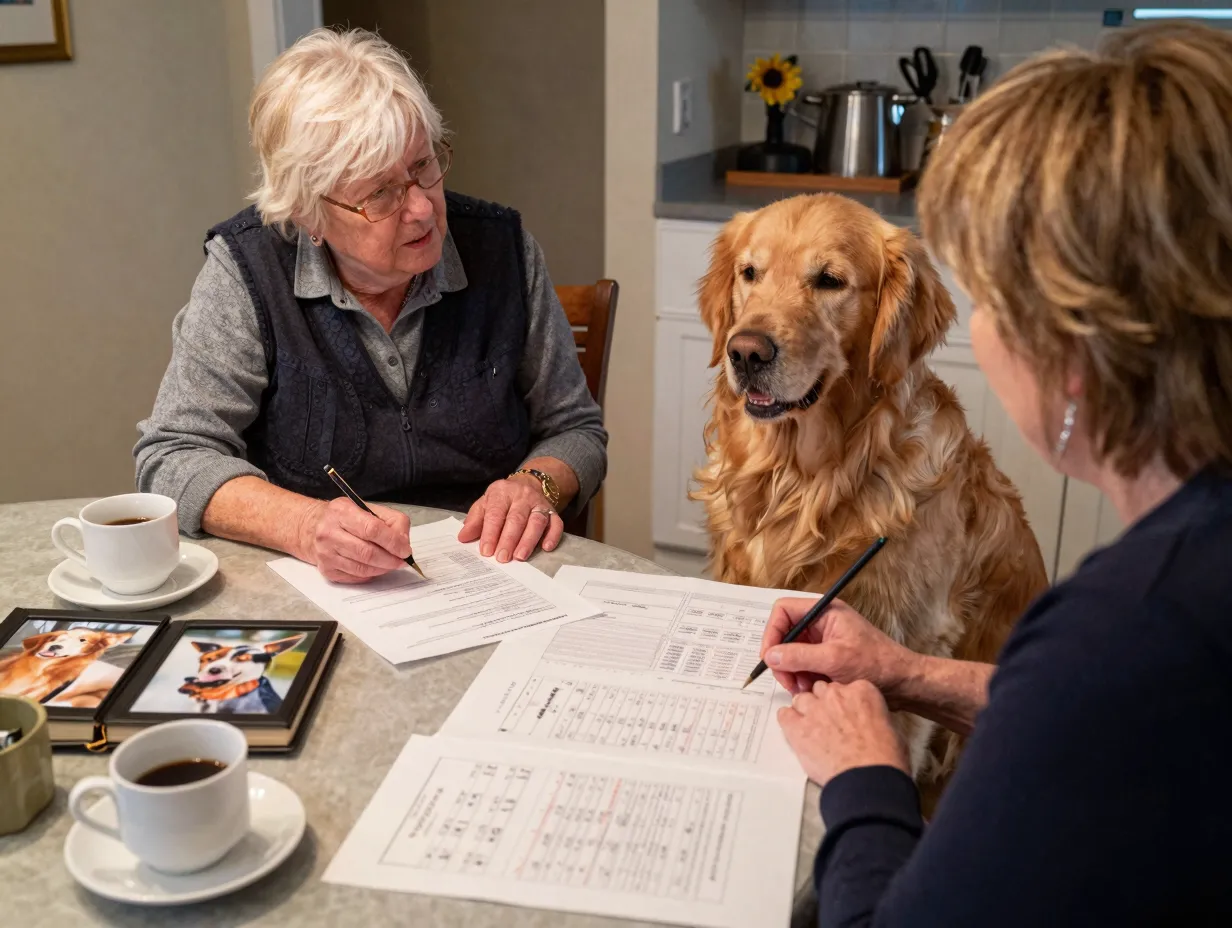 Experienced breeder discussing golden retriever pedigree with prospective buyer