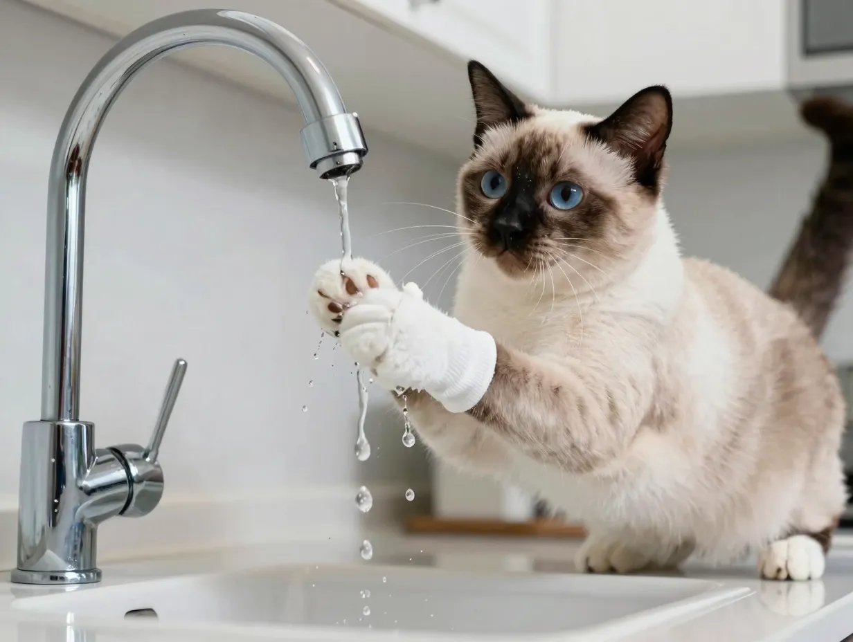 White gloved snowshoe siamese cat pawing at dripping kitchen faucet