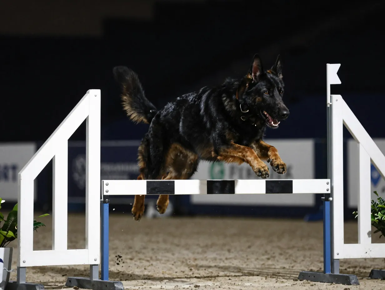 Black german shepherd agility champion leaping over hurdle