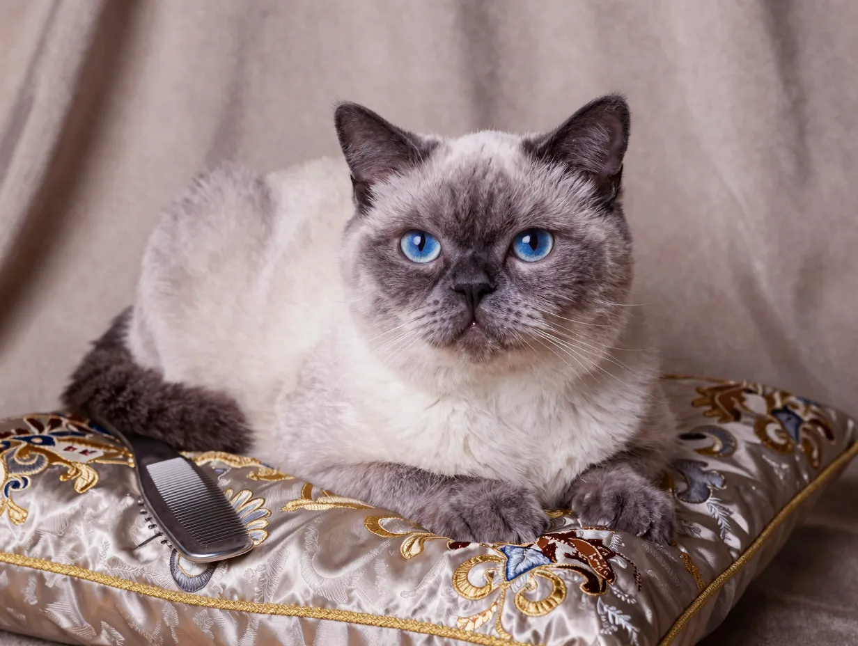 Luxurious lilac point himalayan cat resting on ornate silk pillow