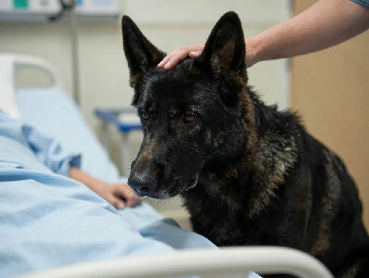 Black german shepherd therapy dog visiting hospital patient