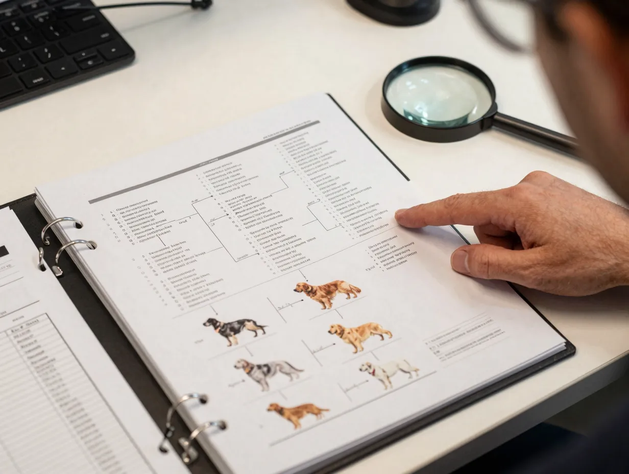 Breeder pointing to a detailed golden retriever family tree pedigree chart