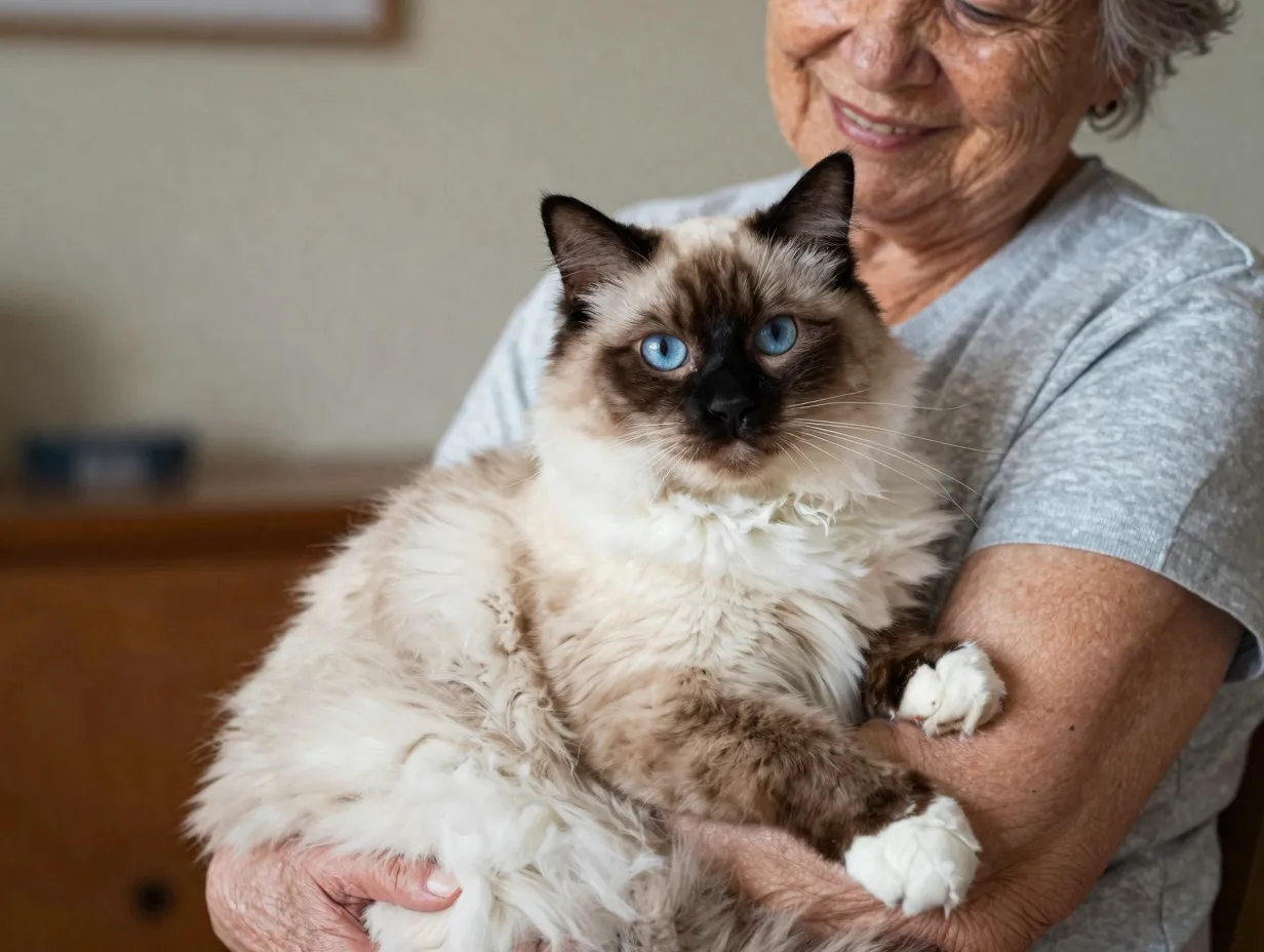 Large blue eyed ragdoll siamese mix being held by smiling senior woman