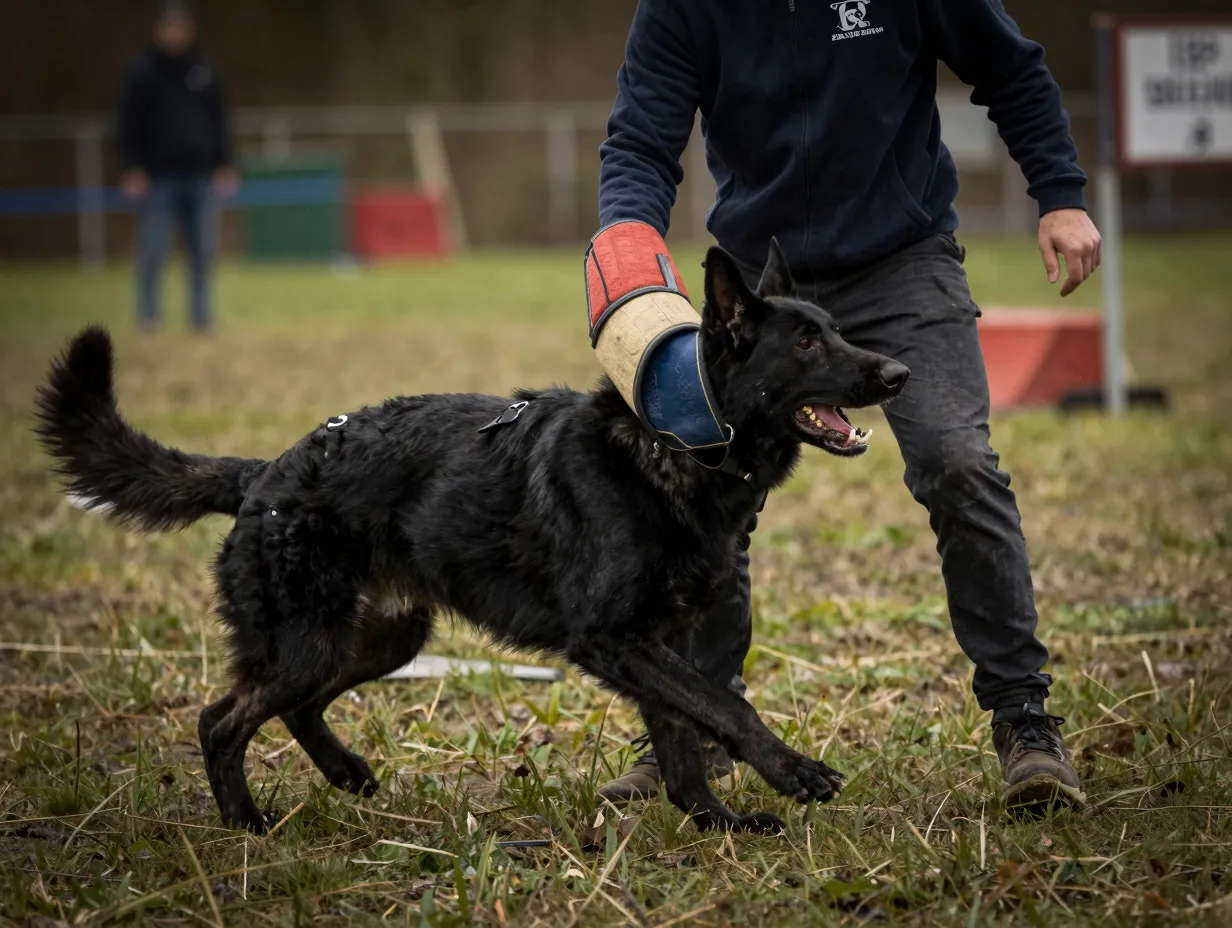 Black german shepherd competing igp schutzhund protection phase