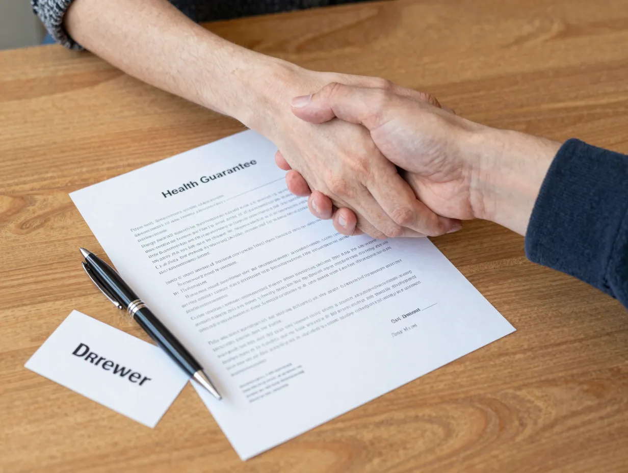 Handshake over a written puppy health guarantee contract on a table