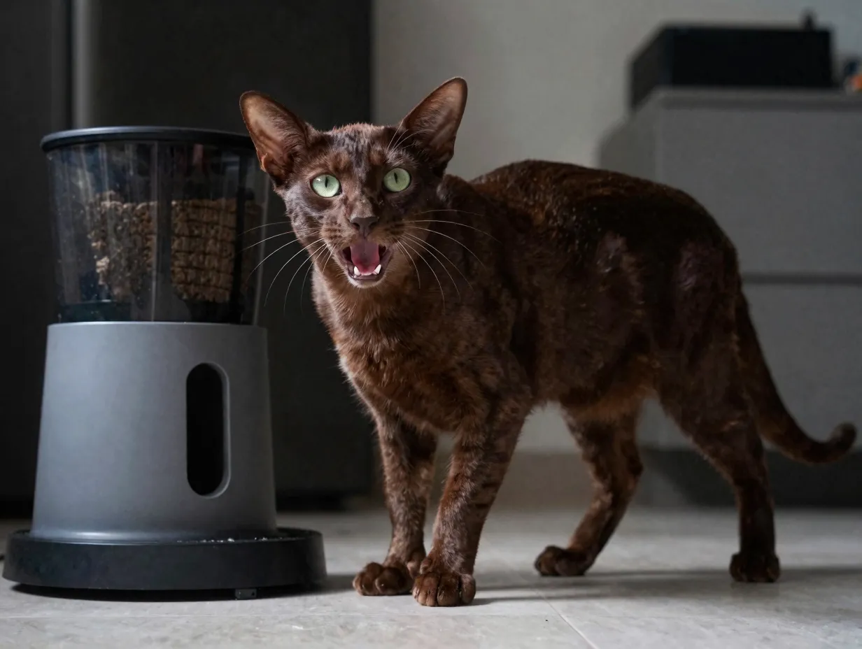 Sleek wedge head oriental shorthair mix vocalizing near cat puzzle feeder