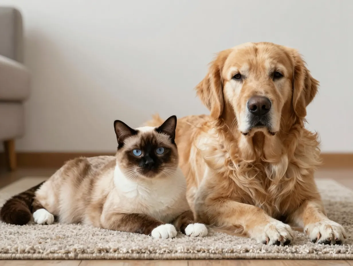 Golden sheen birman siamese mix with four white paws beside calm dog