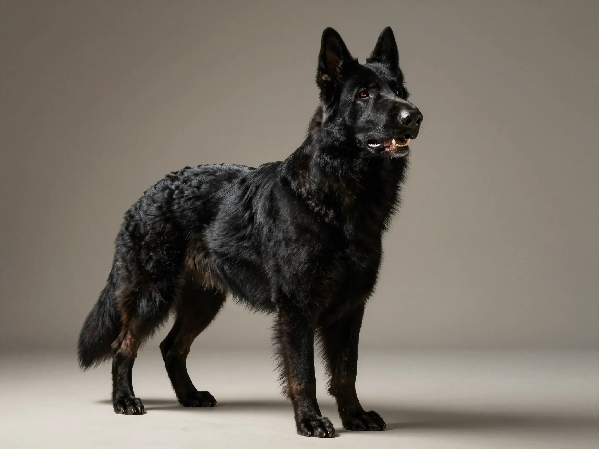 Long coat black german shepherd standing natural light
