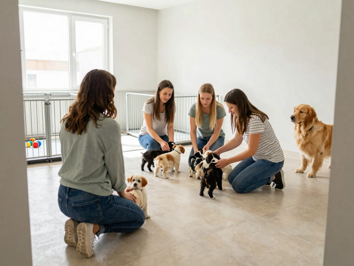 Prospective buyer visiting clean home facility meeting mother and puppies