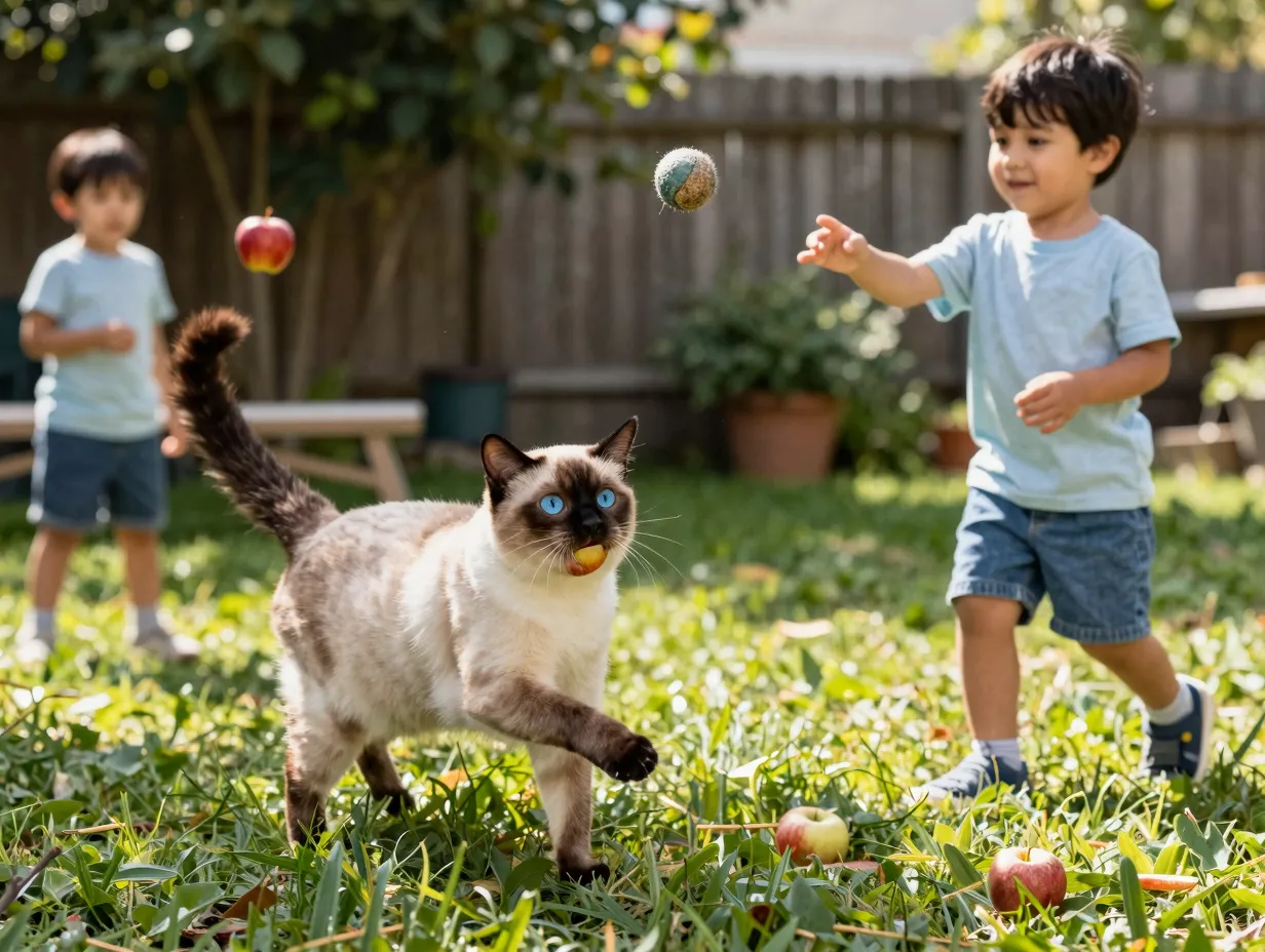 Apple head thai cat playing fetch with a child in a garden