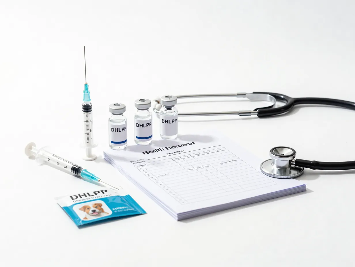 Veterinary syringe vaccine vial and puppy health record booklet on counter