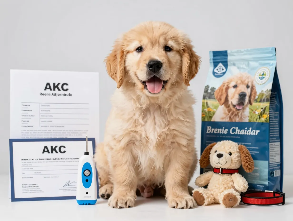 Golden retriever puppy with akc papers microchip and starter kit items