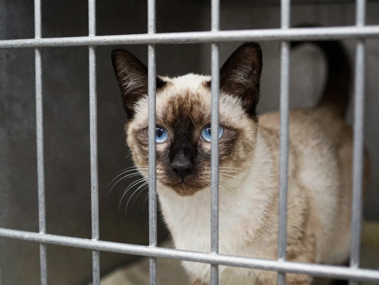 Varied coat shelter siamese mix looking out from adoption cage
