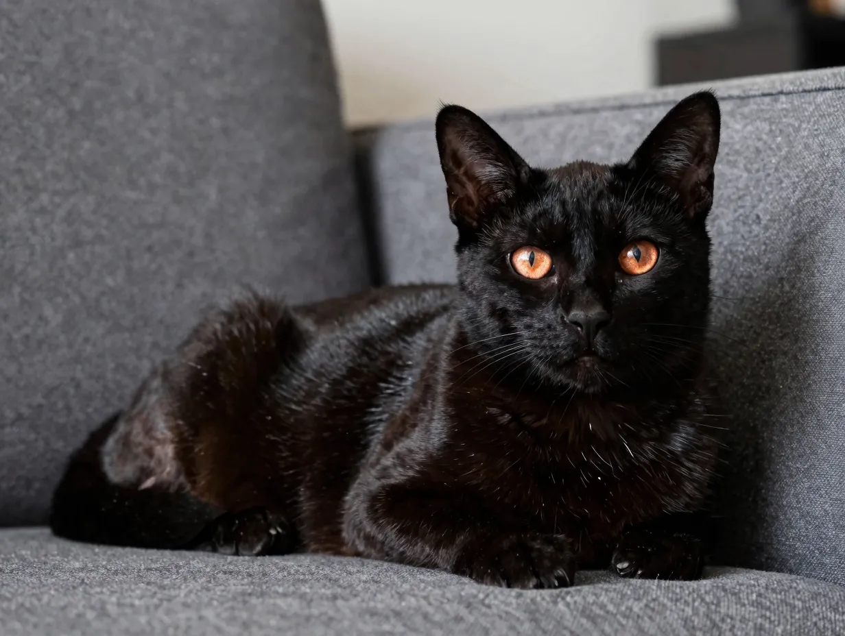 Sleek black bombay cat with copper eyes on gray sofa
