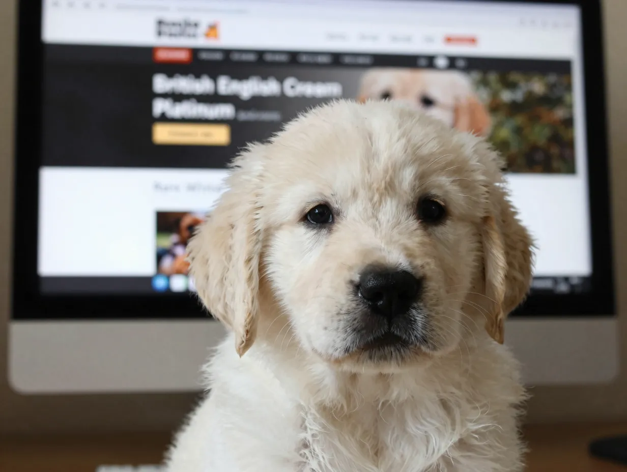 White golden retriever puppy with marketing labels on breeder website