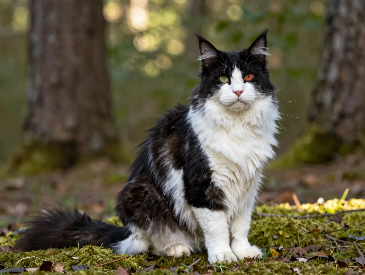 Tuxedo maine coon cat in sunlit forest clearing
