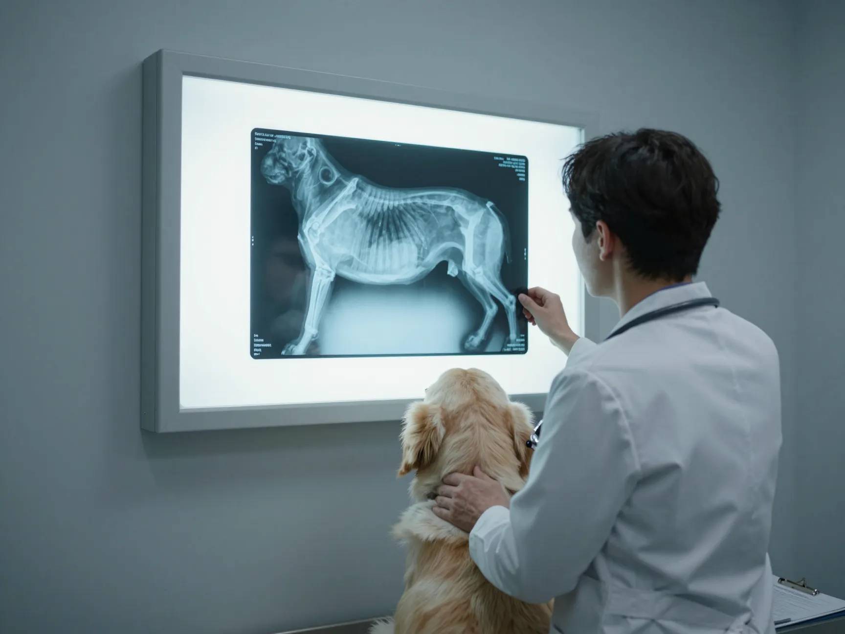 Veterinarian examining an x ray of a cream golden retriever