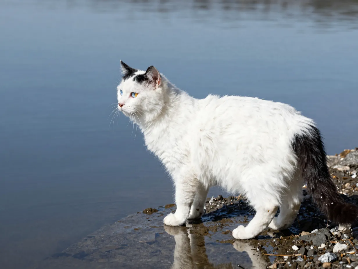 White turkish van cat with black markings by lake
