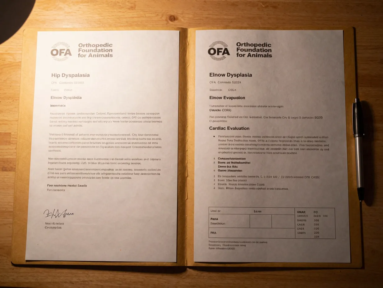 Document folder with ofa health certificates for a breeding dog