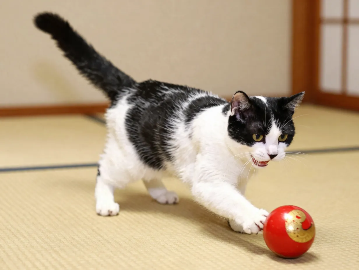 Japanese bobtail cat playing with red lacquer ball
