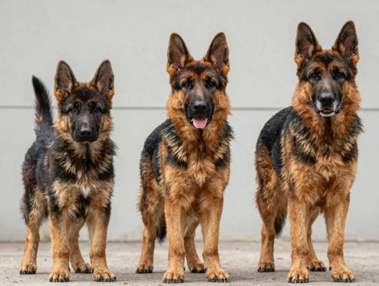 Life stages red sable german shepherd puppy adult senior dog