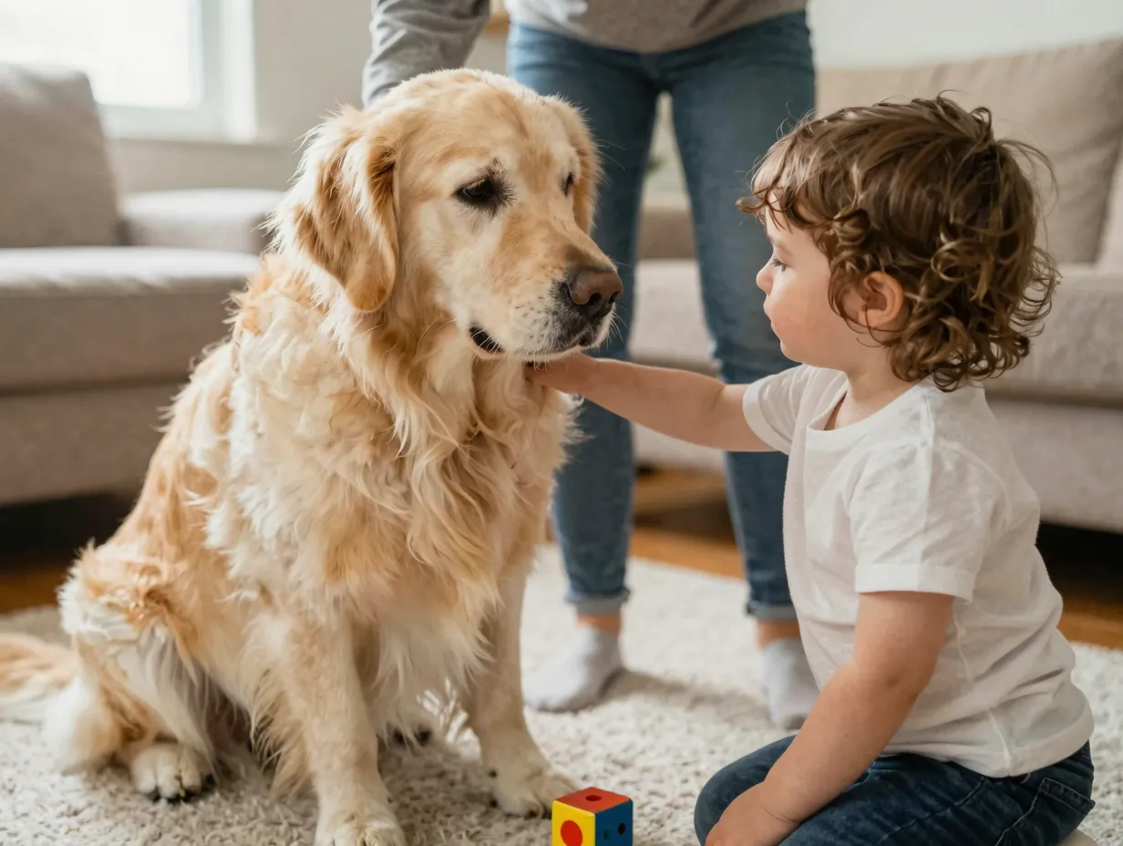 Patient cream golden retriever gently interacting with a small child
