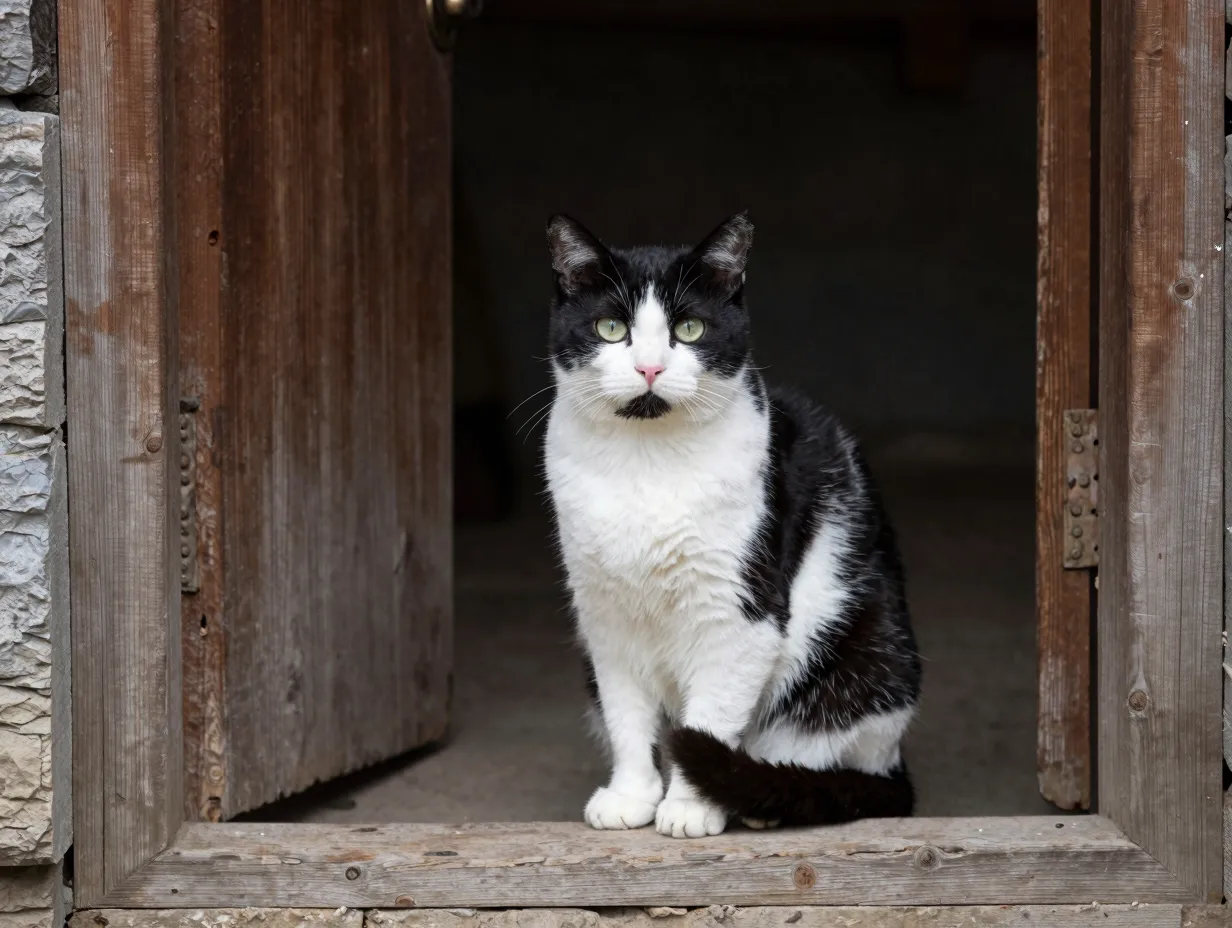 Tailless black white manx cat in wooden doorway