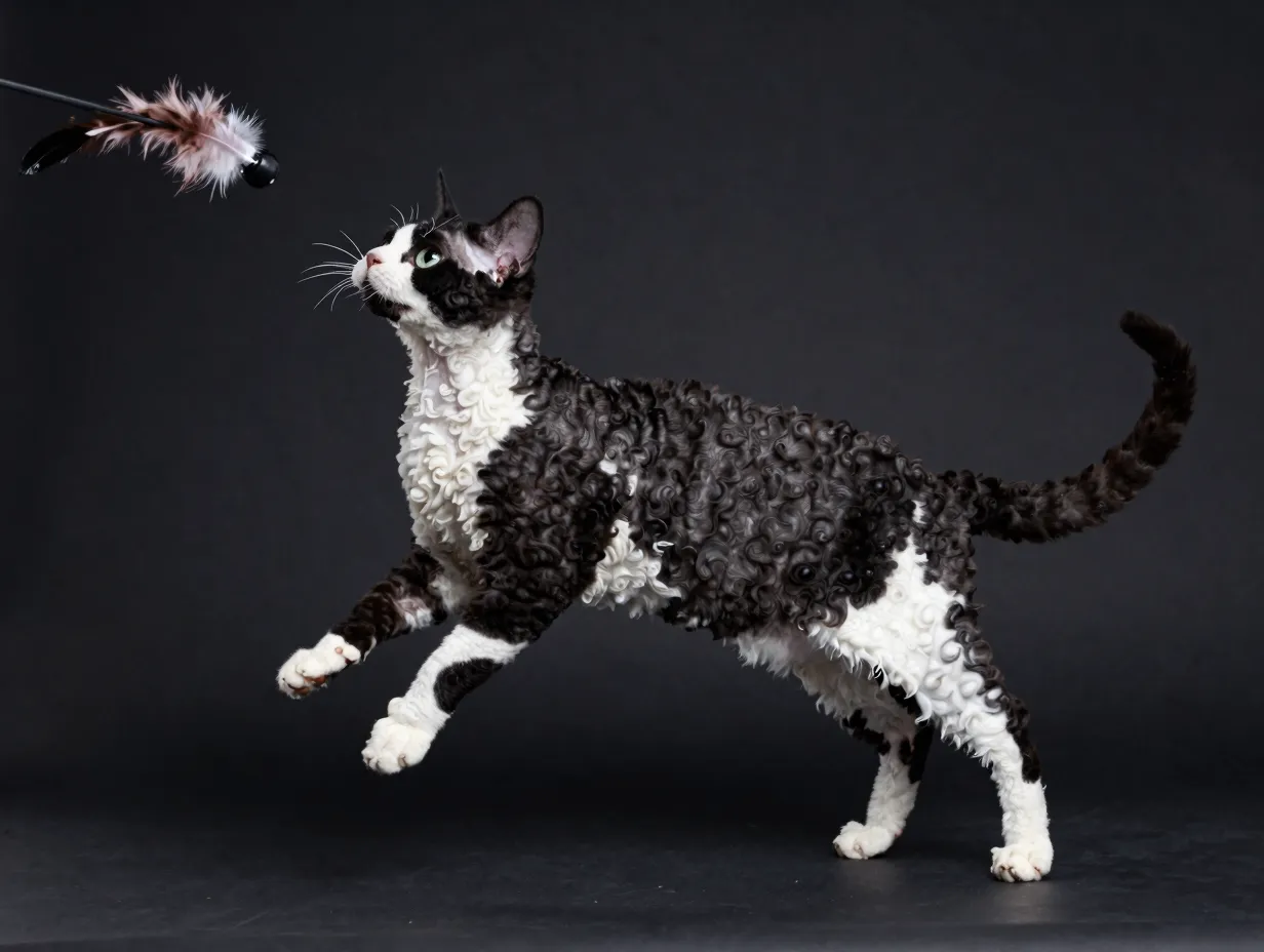 Black white cornish rex cat leaping in mid air
