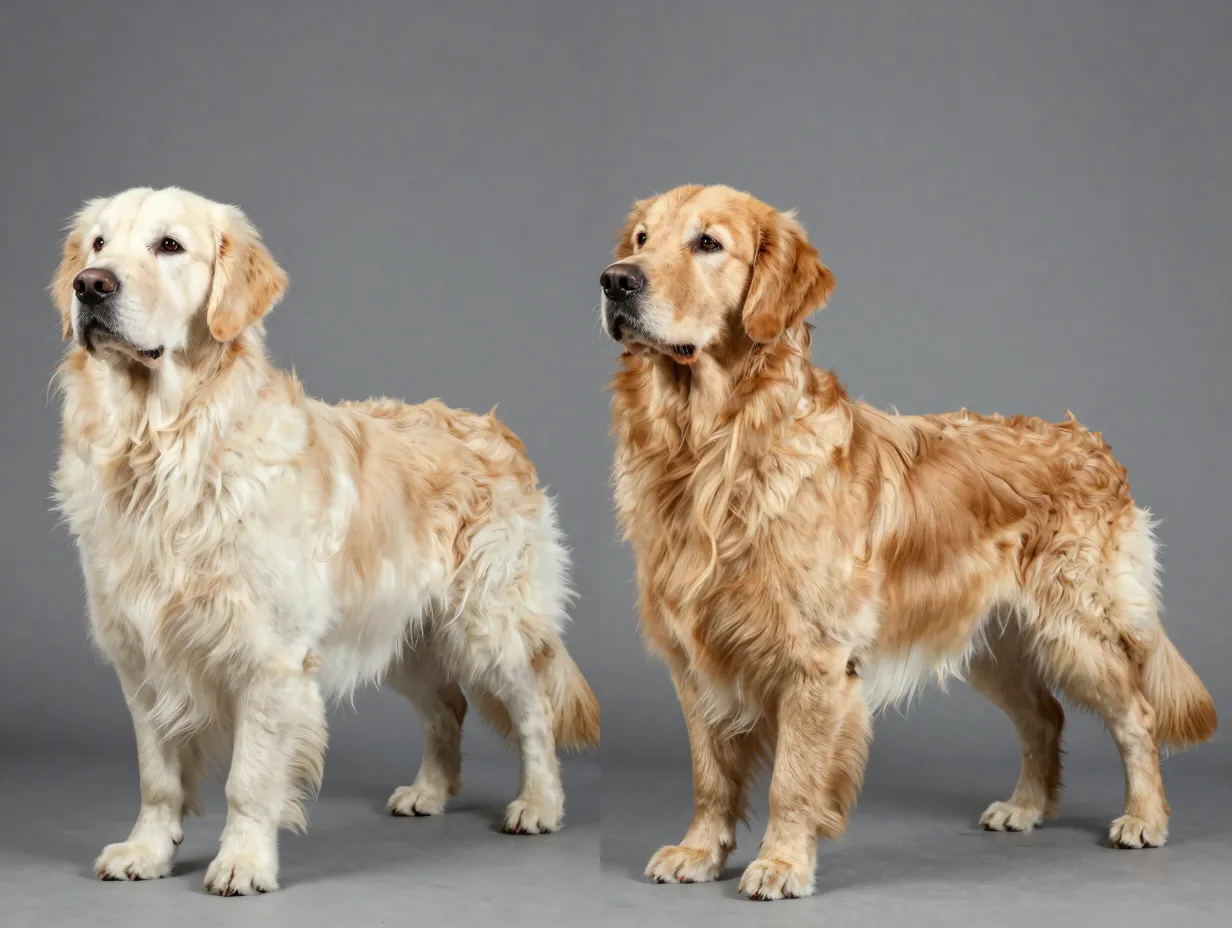 Side by side comparison of european and american golden retriever builds