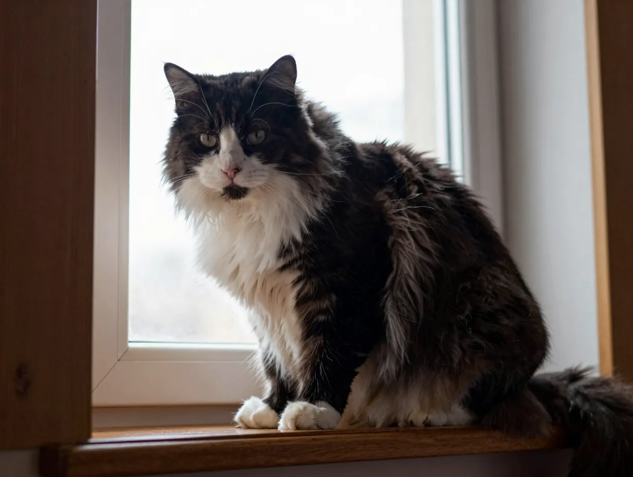 Majestic bicolor siberian cat perched on windowsill