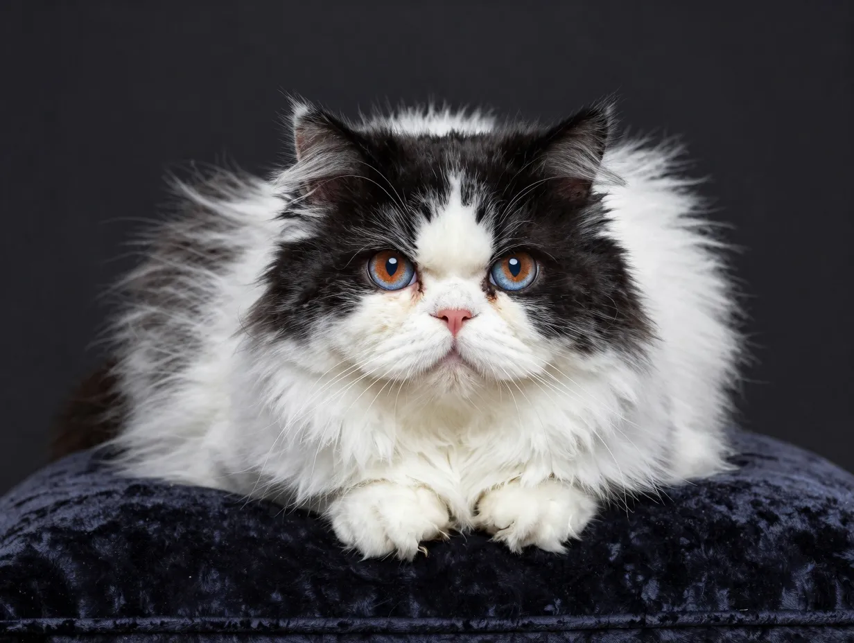 Fluffy bicolor persian cat on velvet cushion portrait