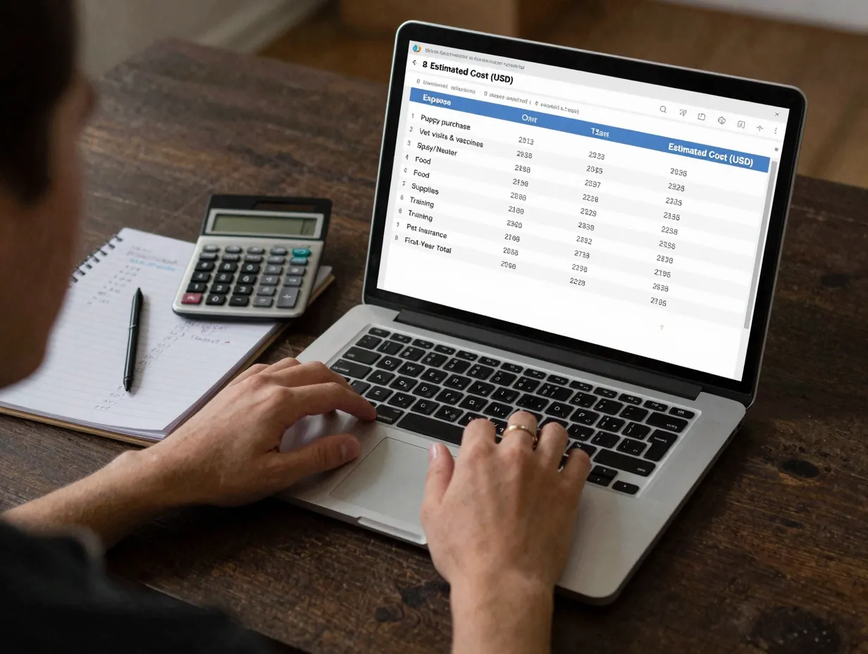 Spreadsheet budgeting first year costs for a new golden retriever puppy