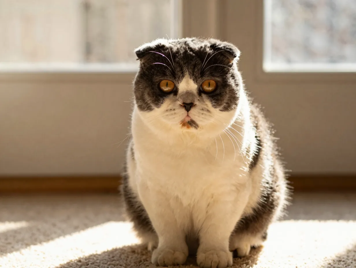 Owl faced scottish fold cat in sunbeam closeup