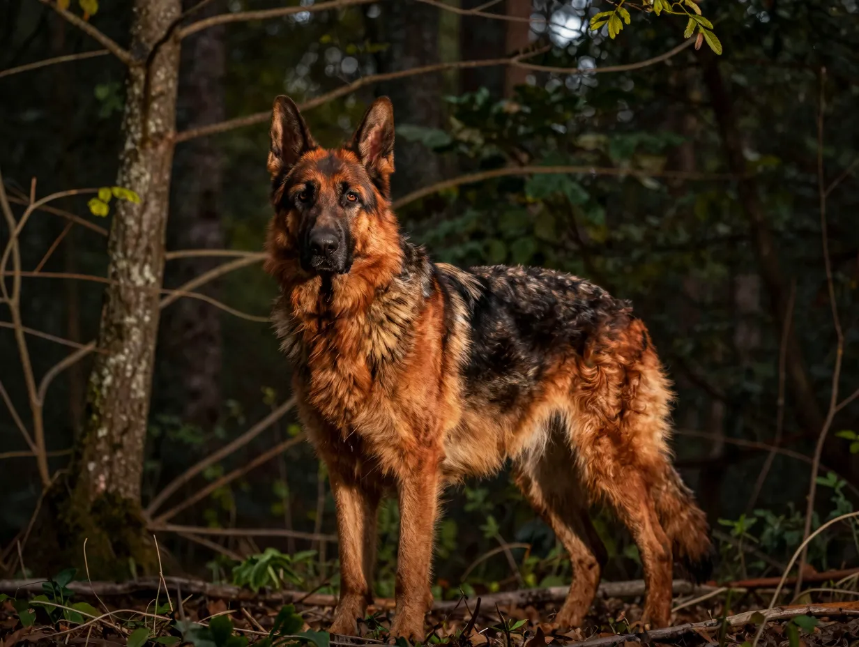 Red sable german shepherd in natural forest wolf ancestry scene