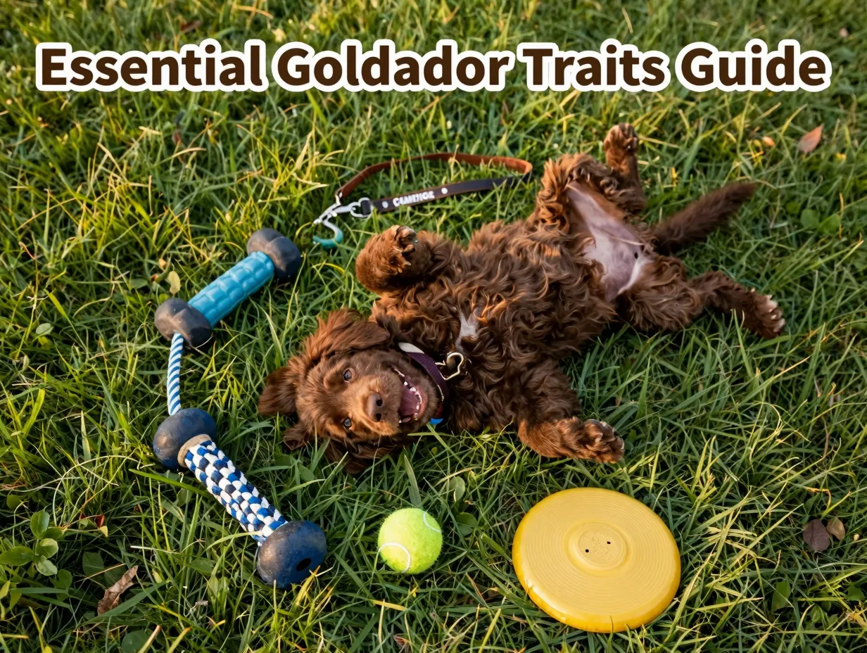 Chocolate goldador puppy toys lawn birds eye view cover image