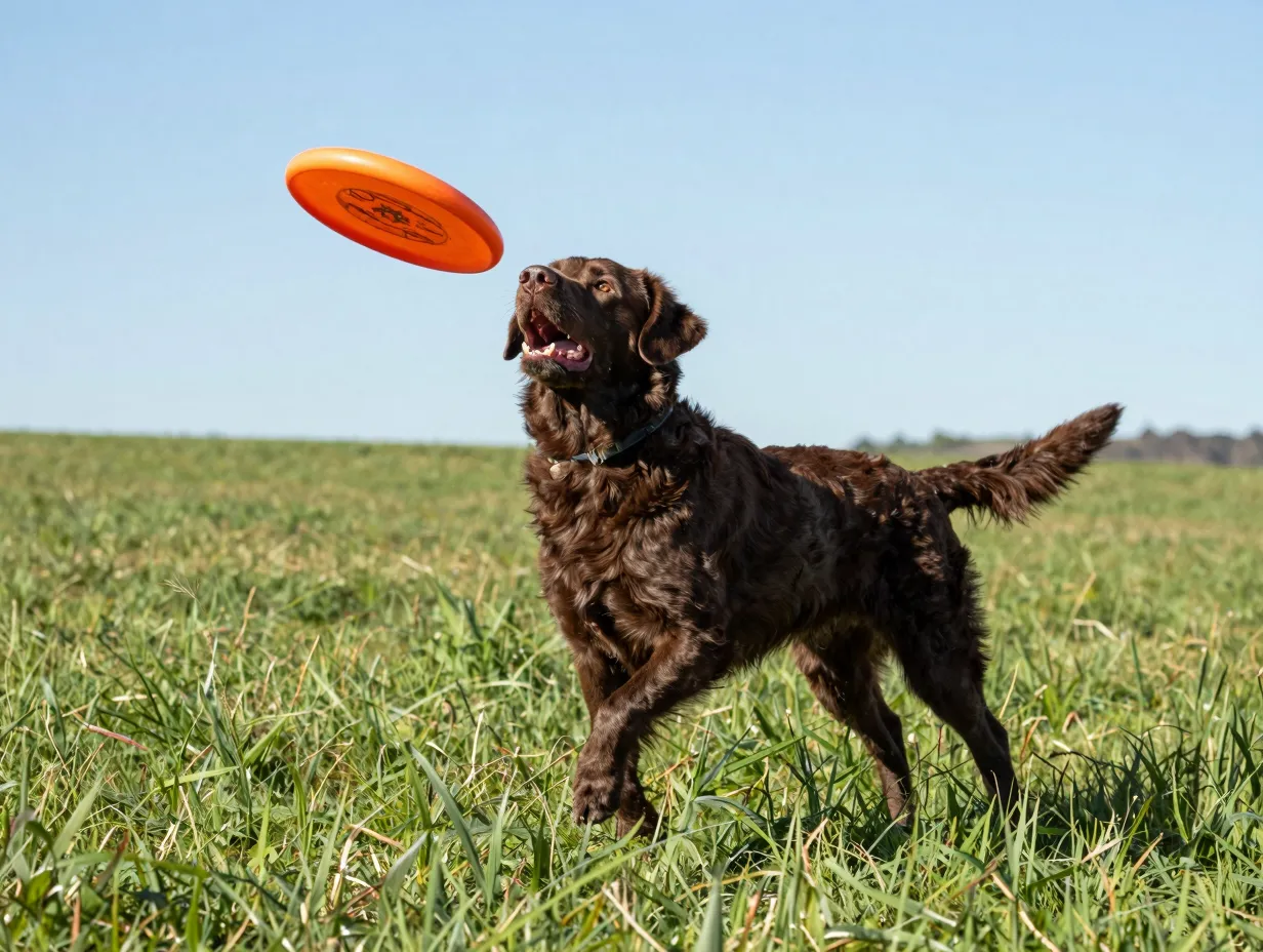 A goldador dog energetically fetching a frisbee in a large grassy field