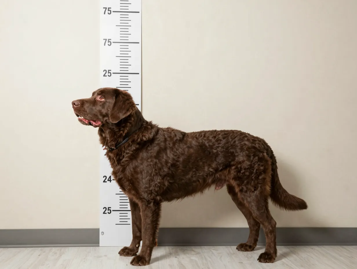 A large adult goldador standing next to a measuring chart on a wall