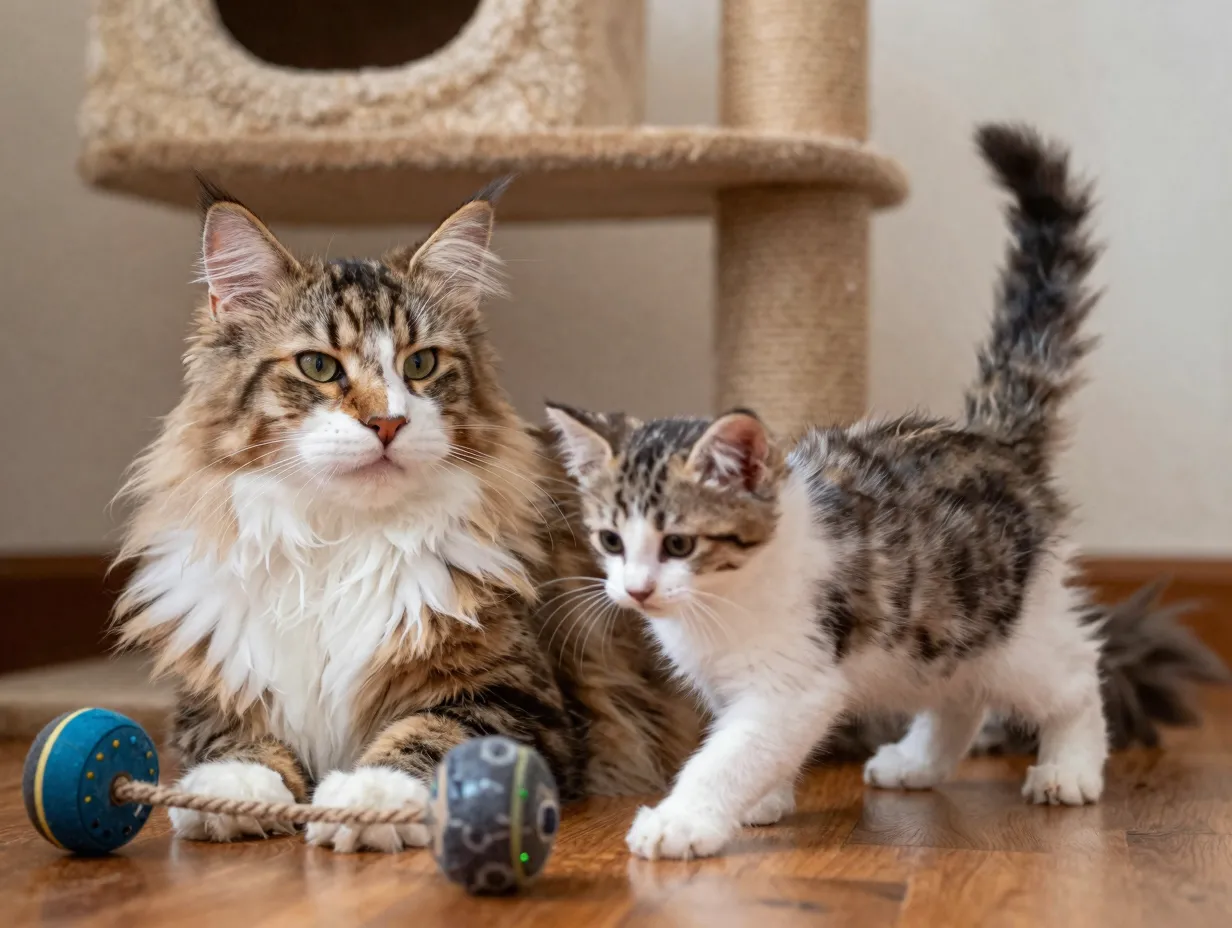 Slow maturing norwegian forest cat kitten and adult together