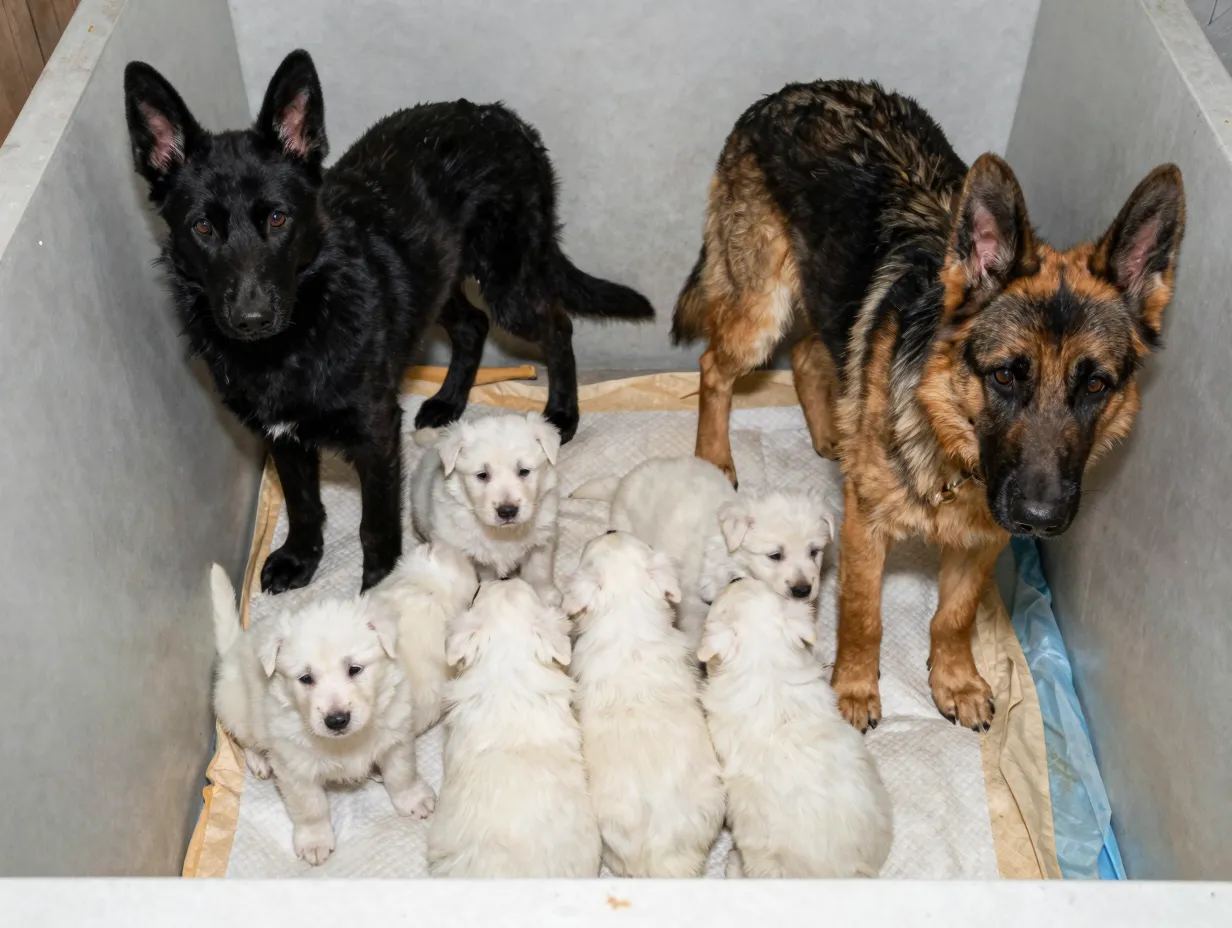 Two adult german shepherds with litter of white puppies