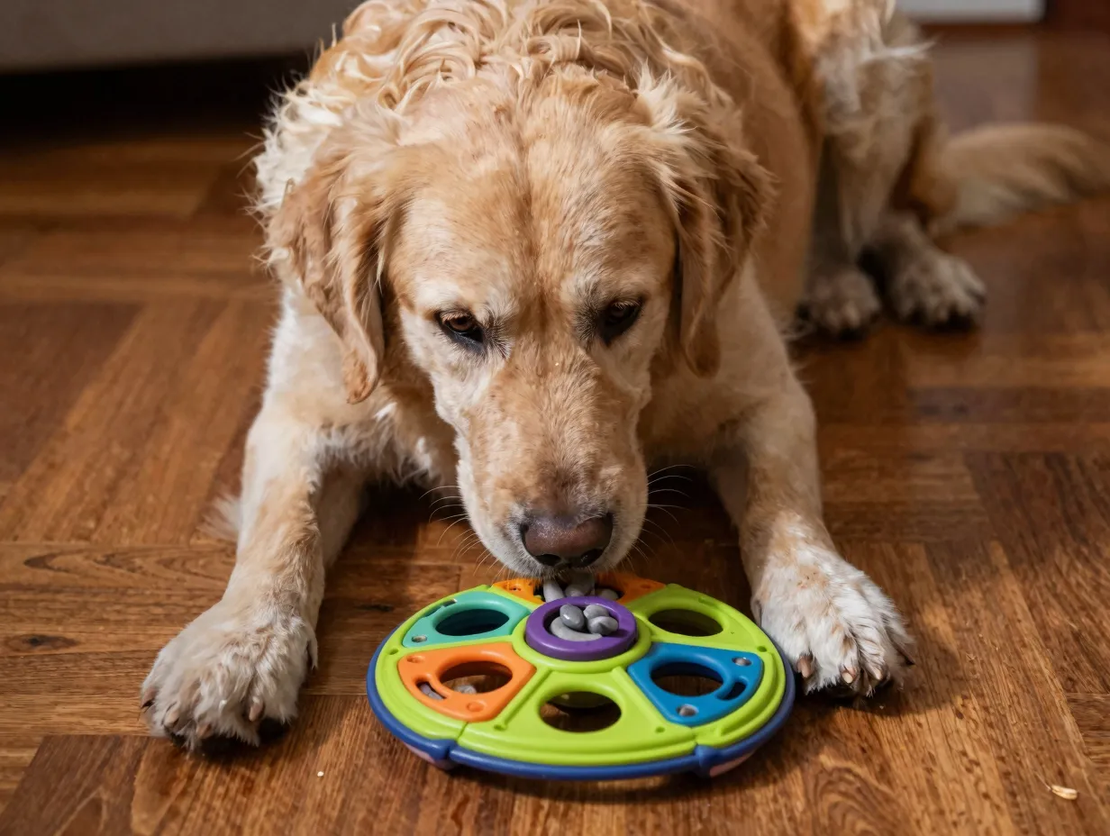 A goldador intently solving a puzzle feeder toy on a hardwood floor