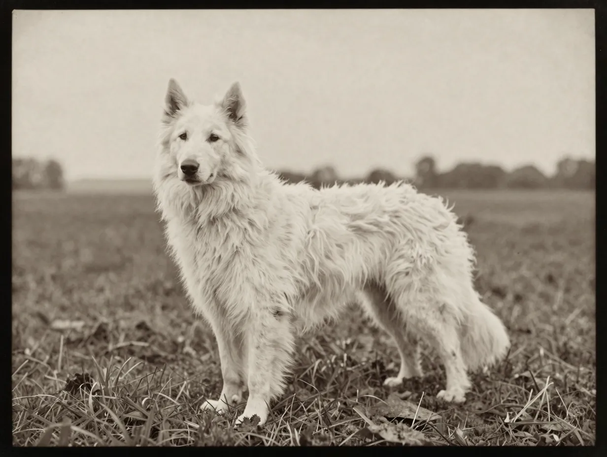 Historic sepia photo white herding dog in field