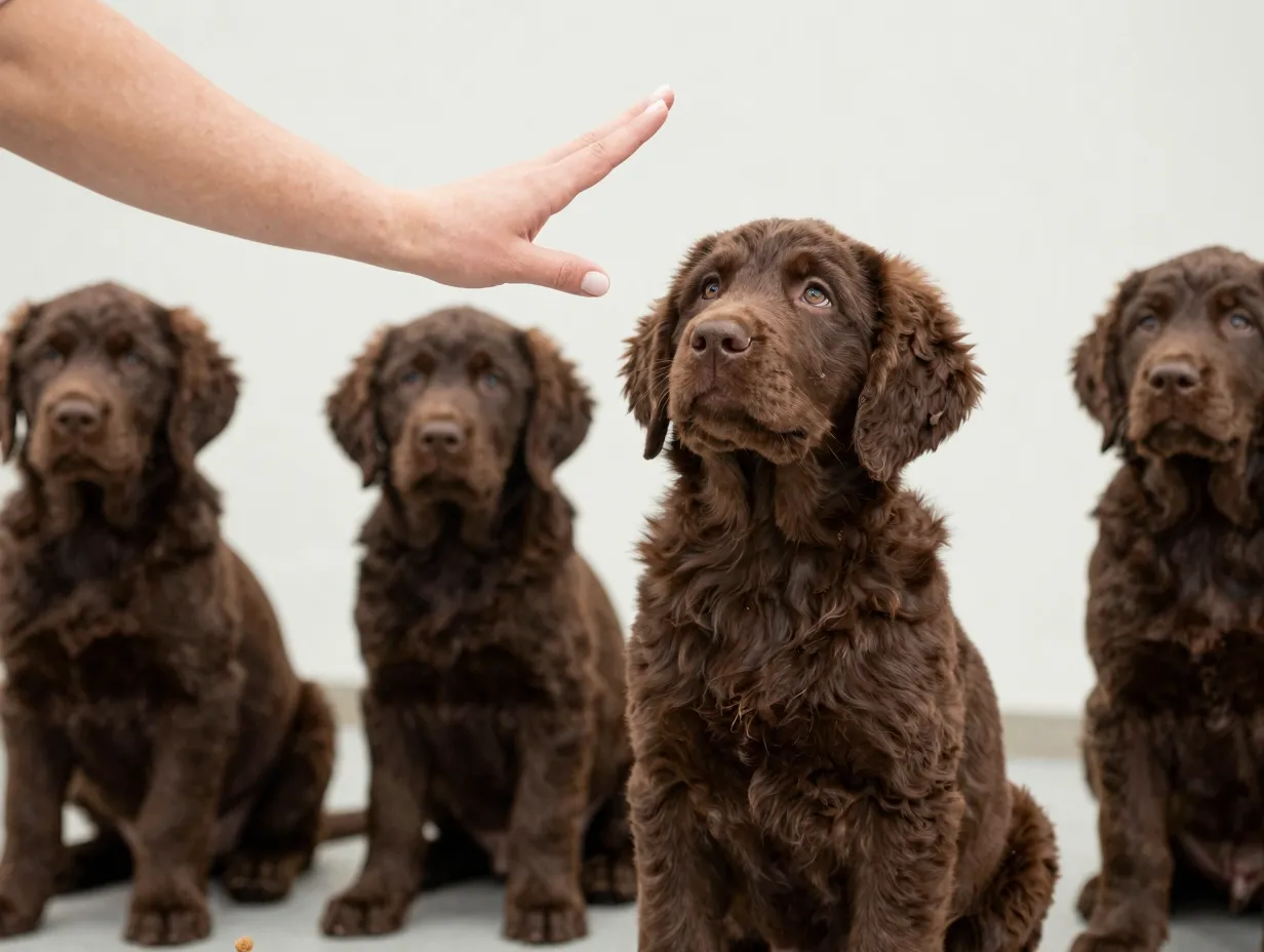 A chocolate coated goldador puppy responding to a hand signal during training