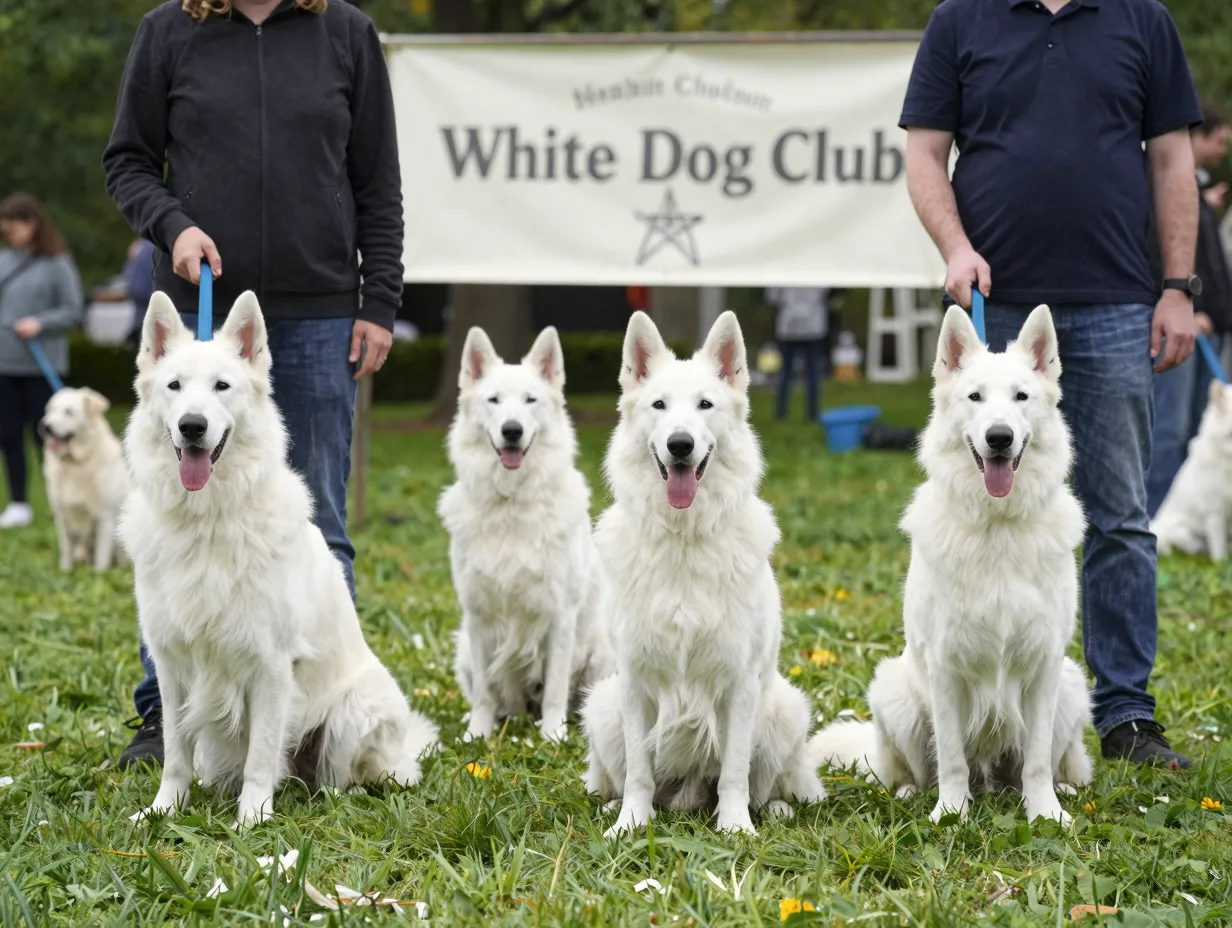 Group portrait white german shepherds dog club event
