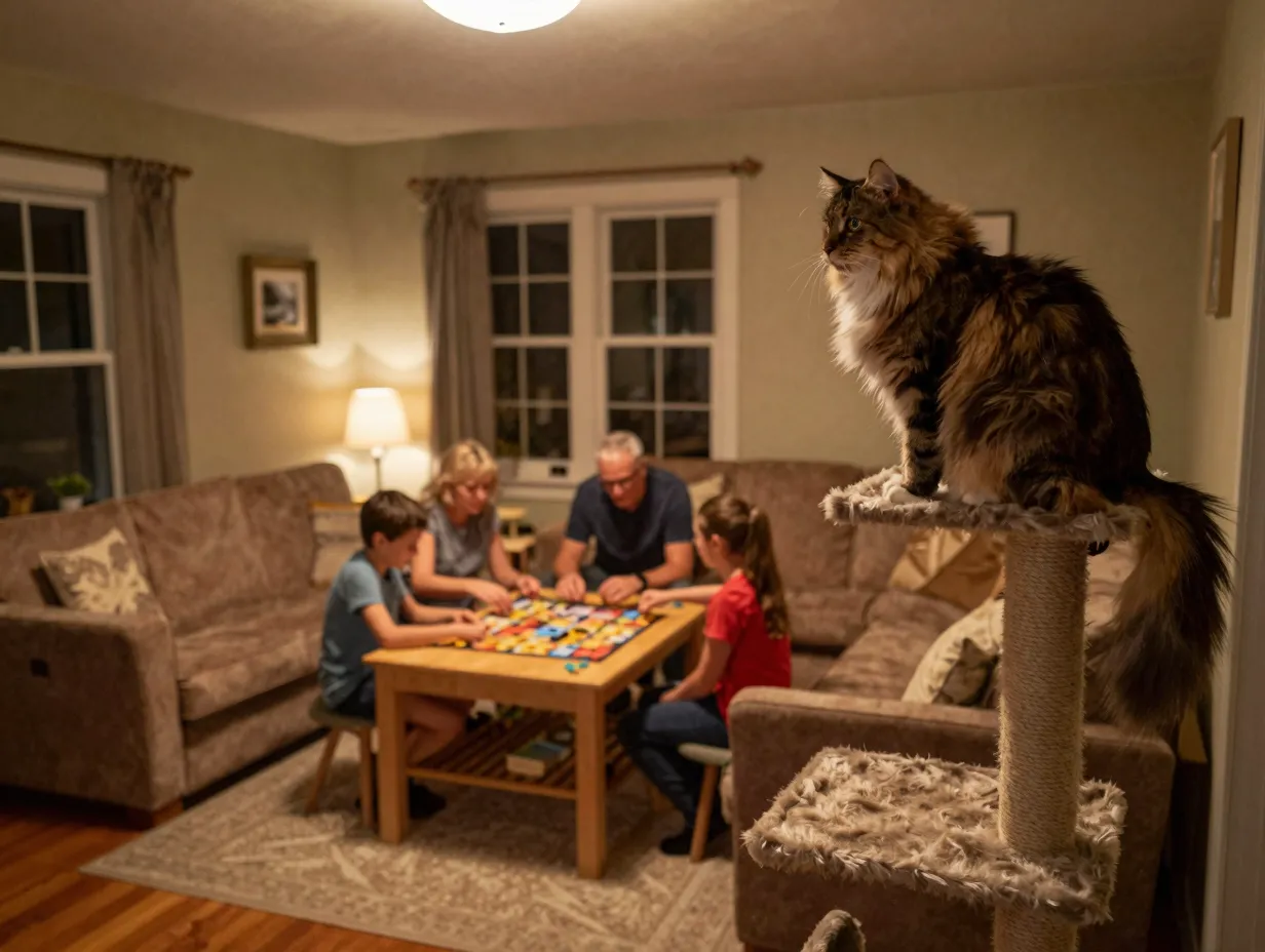 Independent affectionate cat watching family activity from perch