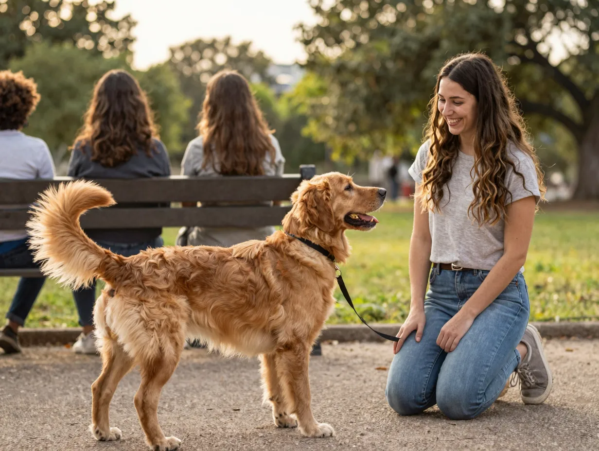 A friendly goldador greeting a smiling stranger in a park setting