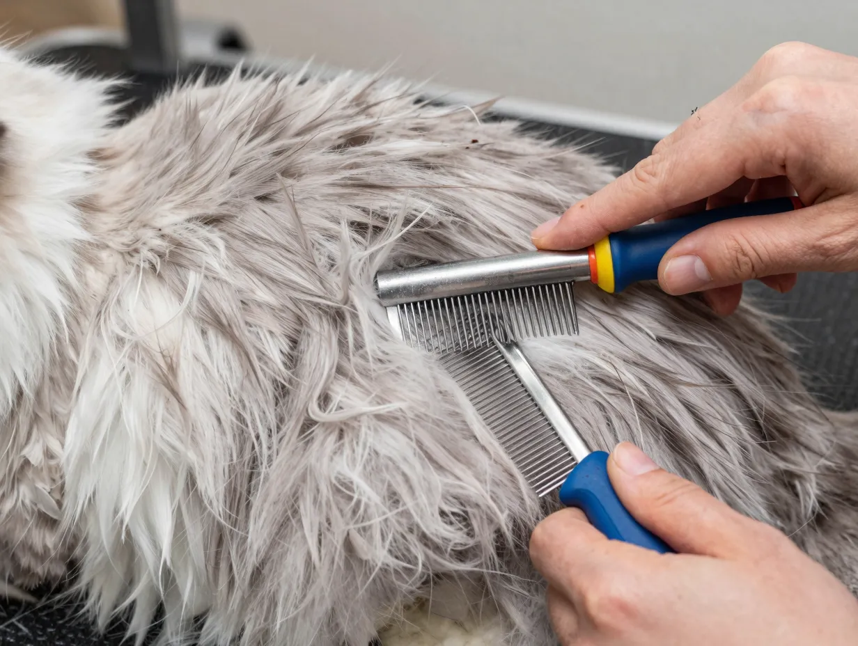 Thick double coat grooming with slicker brush and metal comb