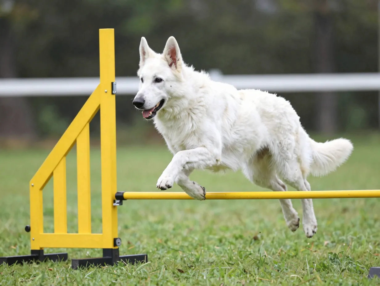 White german shepherd navigating agility course obstacle