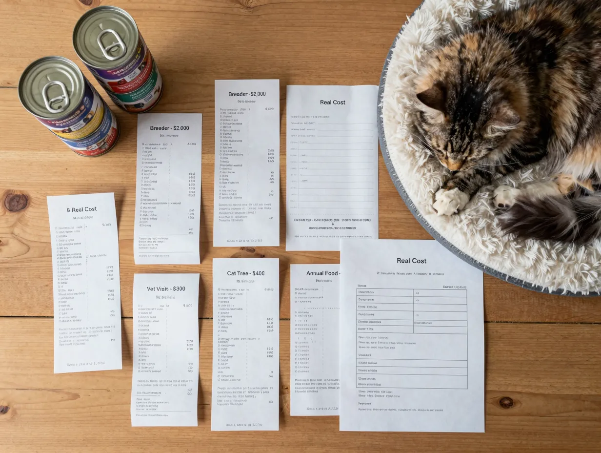 Real cost breakdown receipts next to sleeping norwegian forest cat