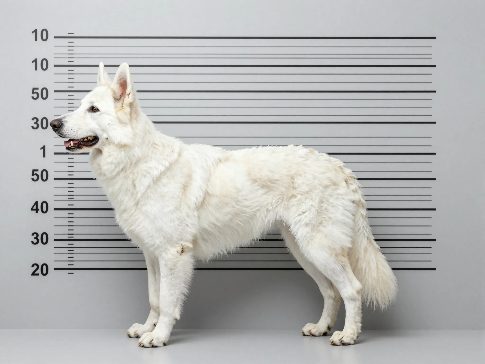 White german shepherd standing next to height chart