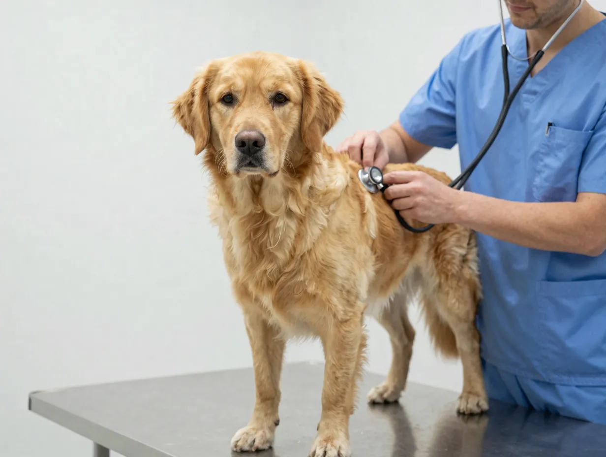 A healthy adult goldador during a veterinary wellness examination